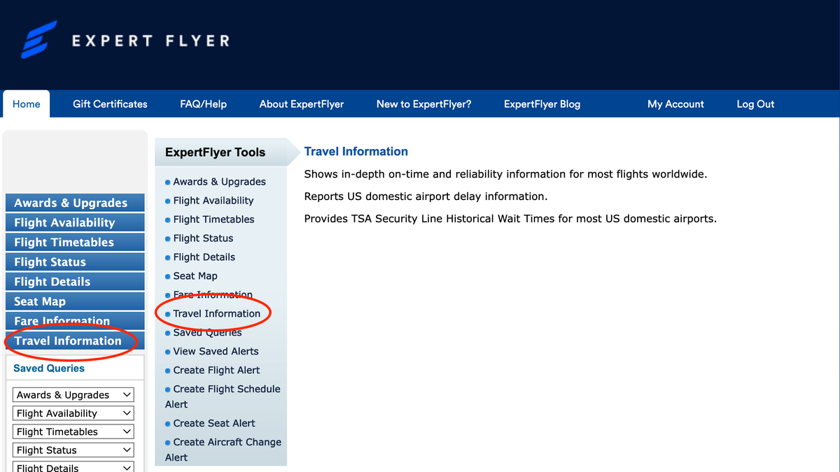ExpertFlyer travel information menu option