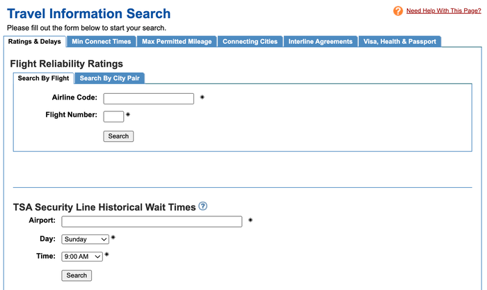 ExpertFlyer travel information search page ExpertFlyer travel information search page