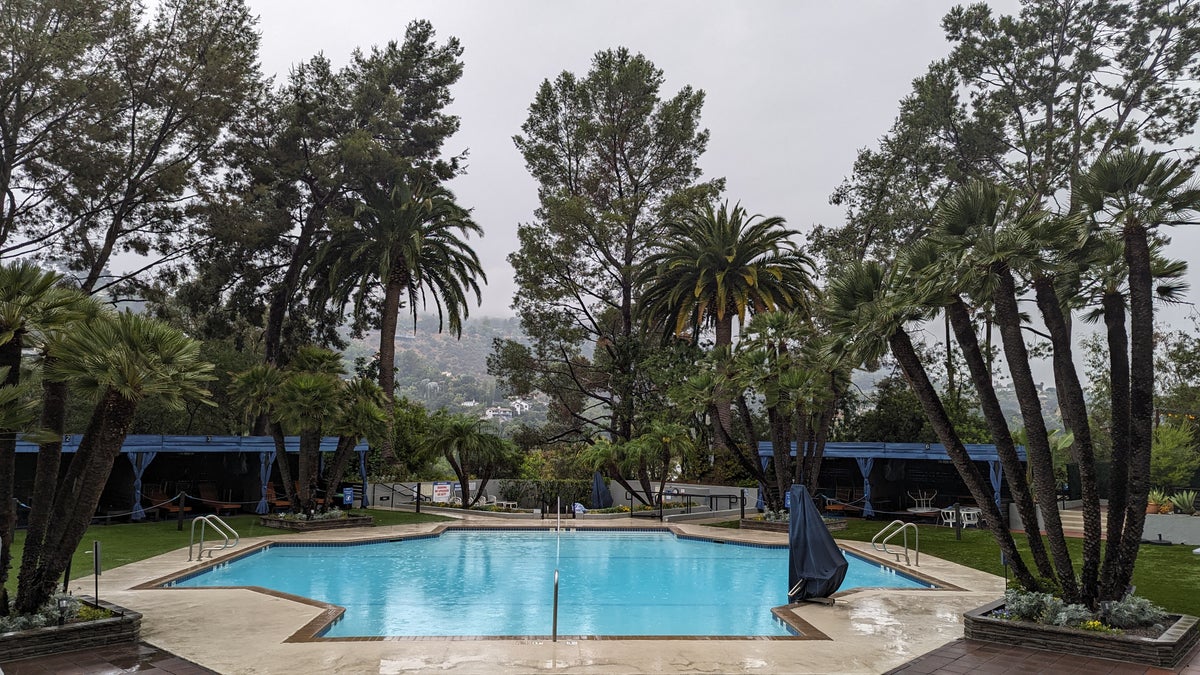 Hilton Los Angeles Universal City amenities rainy pool view
