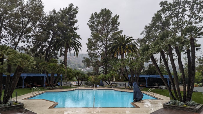 Hilton Los Angeles Universal City amenities rainy pool view Hilton Los Angeles Universal City amenities rainy pool view