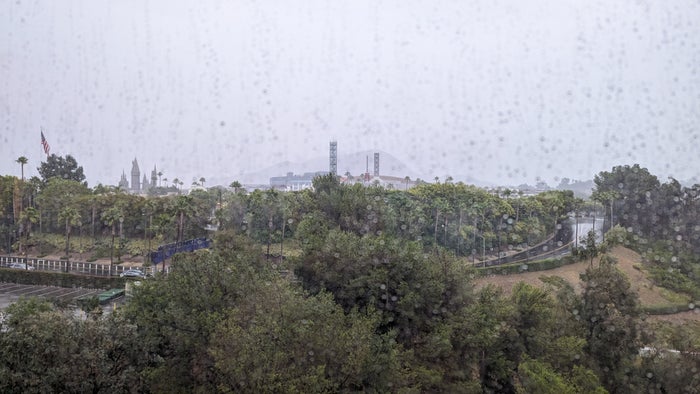 Hilton Los Angeles Universal City rainy view of Universal Studios Hollywood Hilton Los Angeles Universal City rainy view of Universal Studios Hollywood