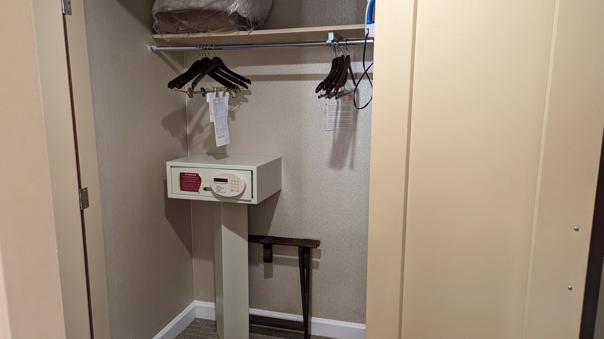 Hilton Los Angeles Universal City room closet with safe and extra blankets