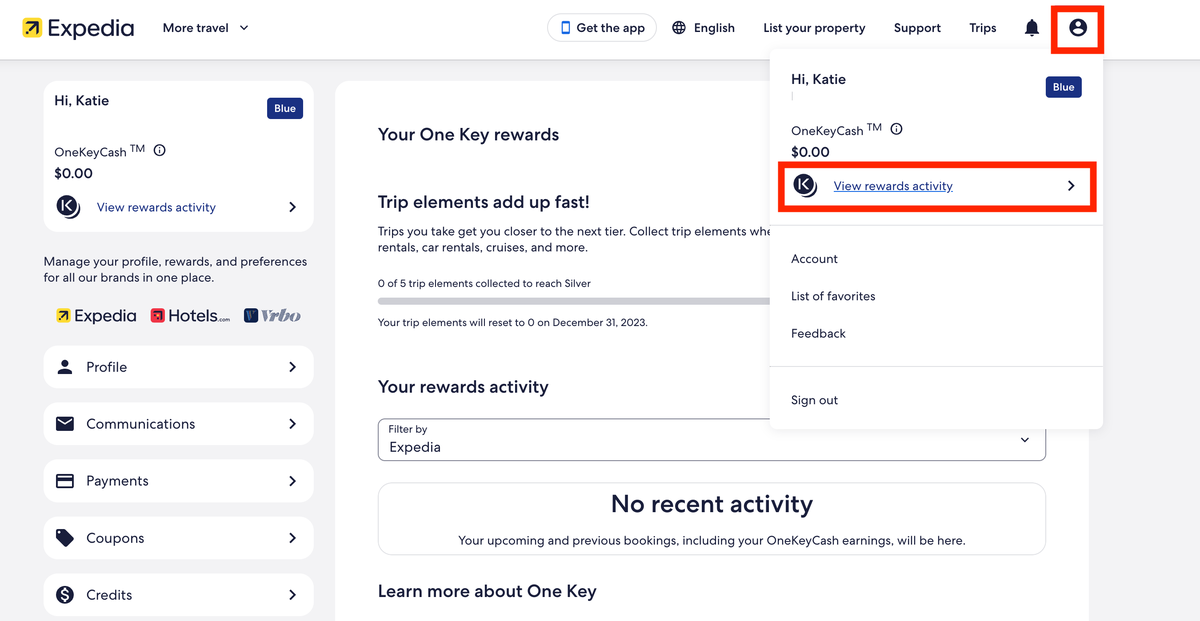 How to view One Key Rewards activity