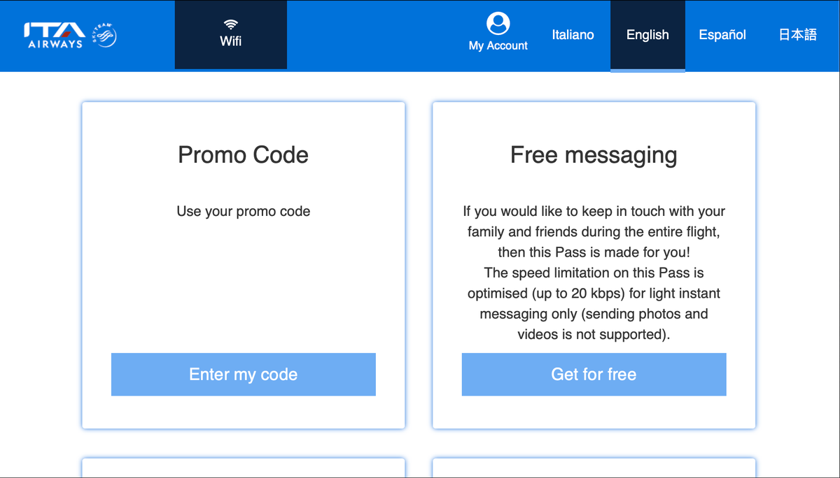 ITA inflight wifi options code or free messaging
