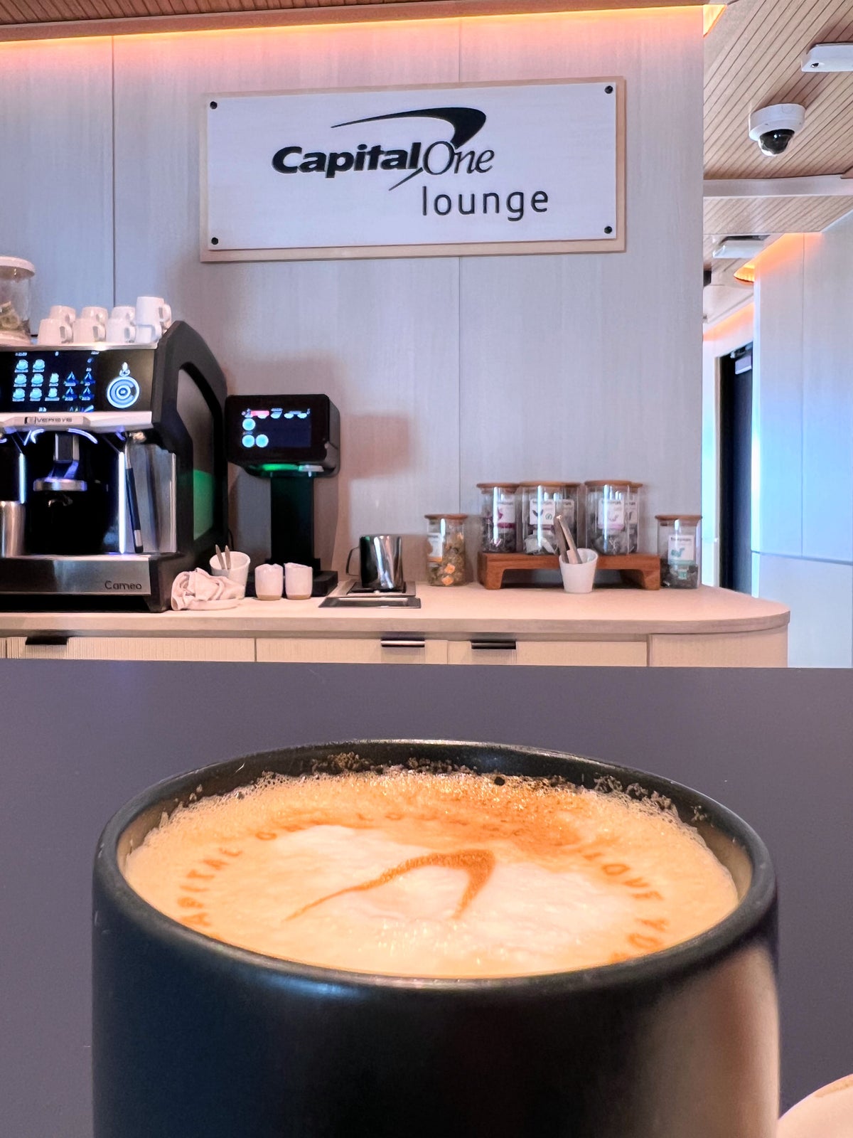 Latte art at Capital One Lounge IAD