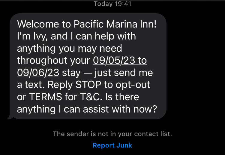 Pacific Marina Inn text message service