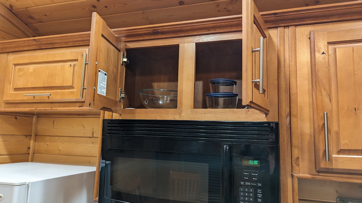Thousand Trails Yosemite Lakes cabin kitchen cabinets and microwave