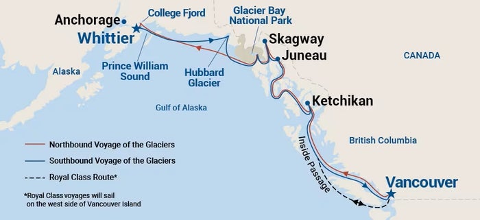 7 day Voyage of the Glaciers cruise itinerary Voyage of the Glaciers itinerary map