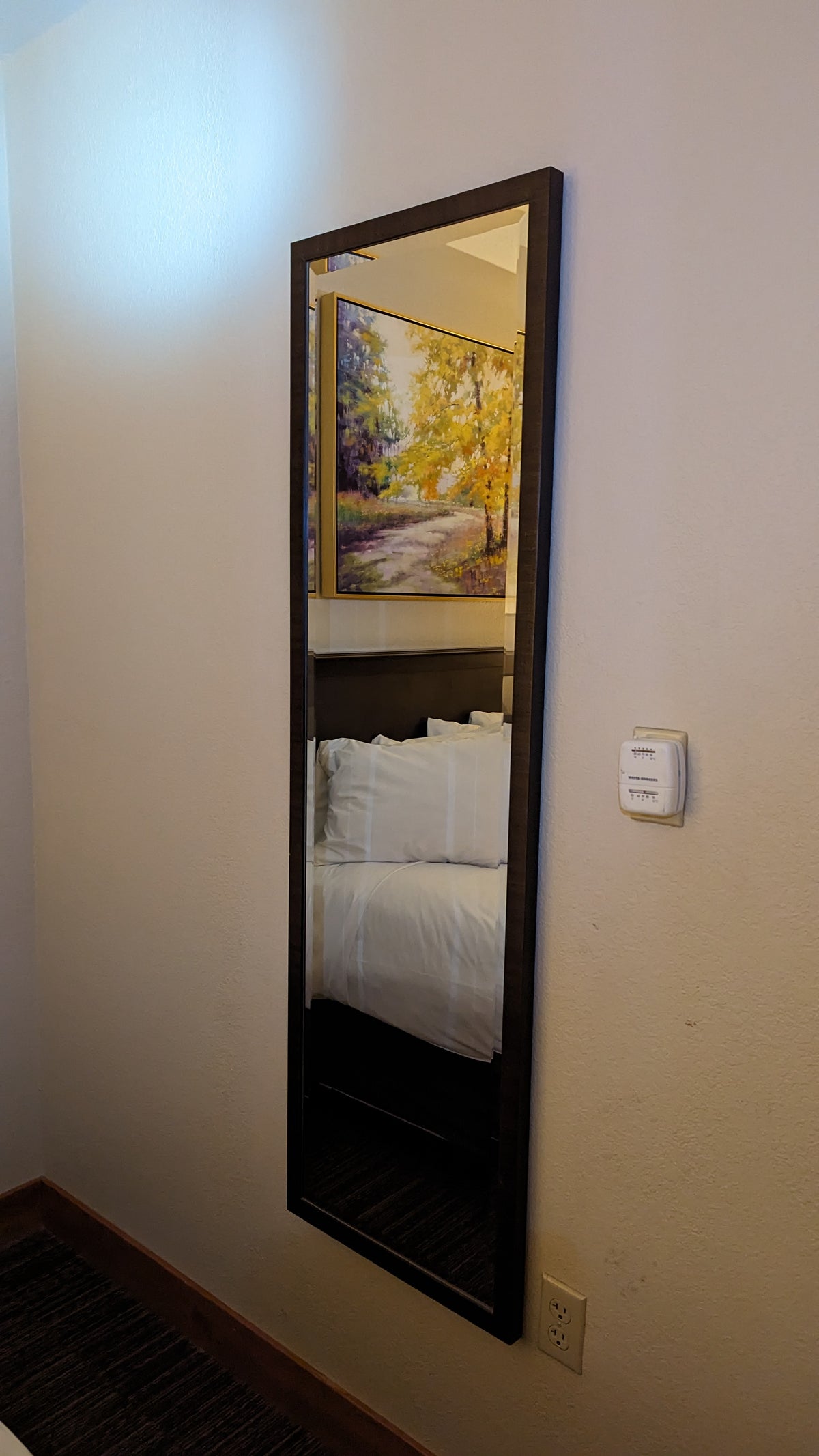 Wuksachi Lodge Sequoia National Park Sillman Building guestroom mirror next to the bed