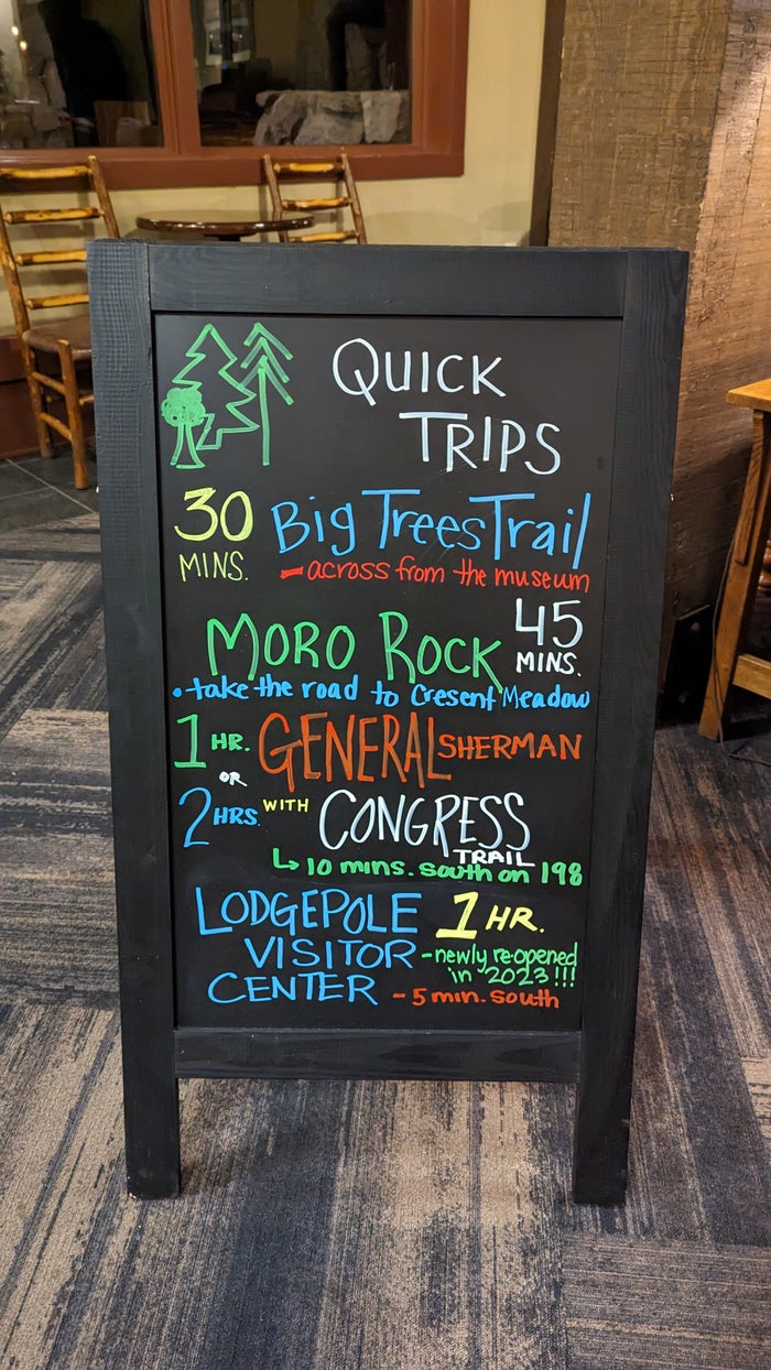 Wuksachi Lodge Sequoia National Park lobby quick trips sign