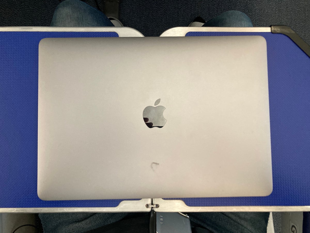 ANA premium economy Boeing 787 tray table with laptop