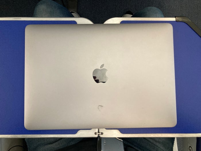 ANA premium economy Boeing 787 tray table with laptop ANA premium economy Boeing 787 tray table with laptop