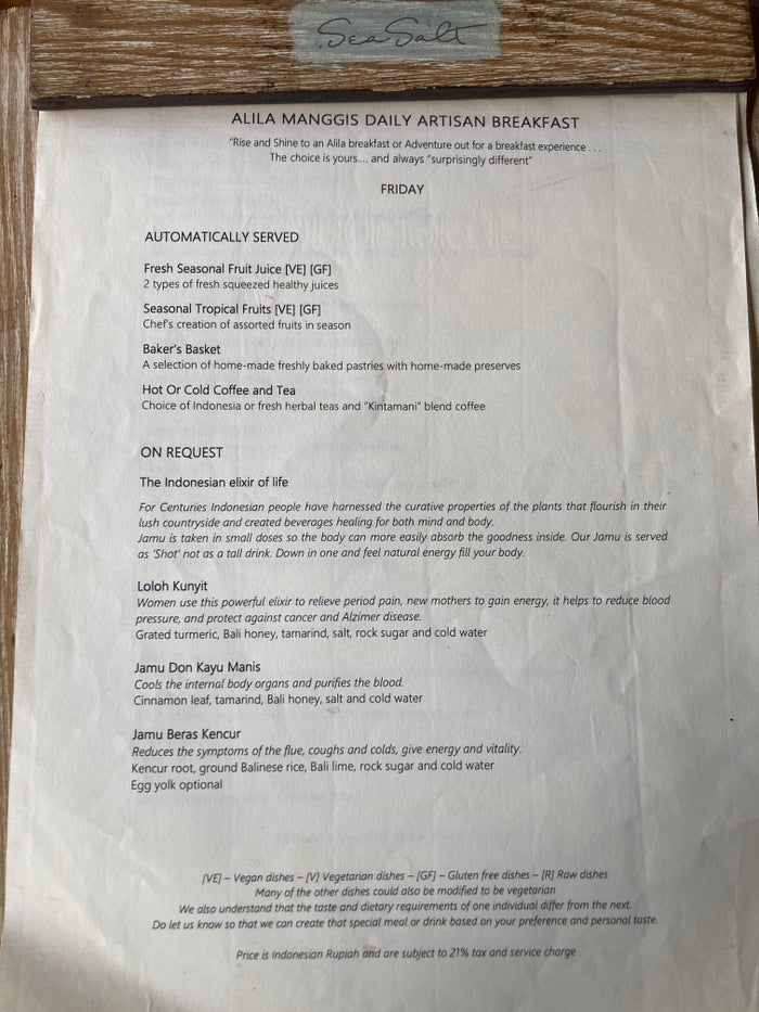 Alila Manggis Bali Sea Salt restaurant breakfast menu Alila Manggis Bali Sea Salt restaurant breakfast menu