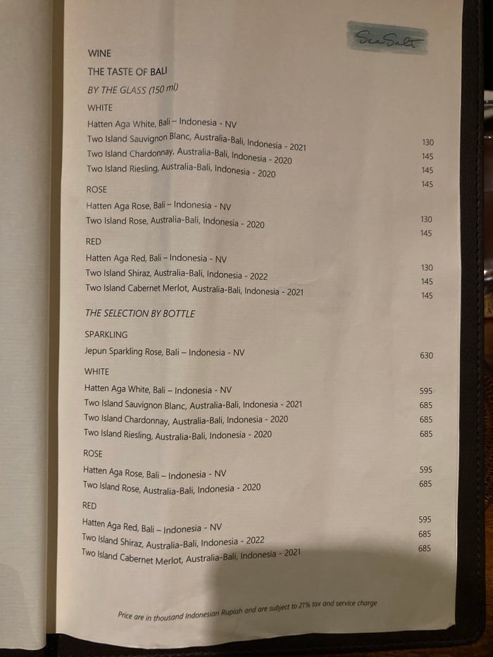 Alila Manggis Bali Sea Salt restaurant wine menu Alila Manggis Bali Sea Salt restaurant wine menu