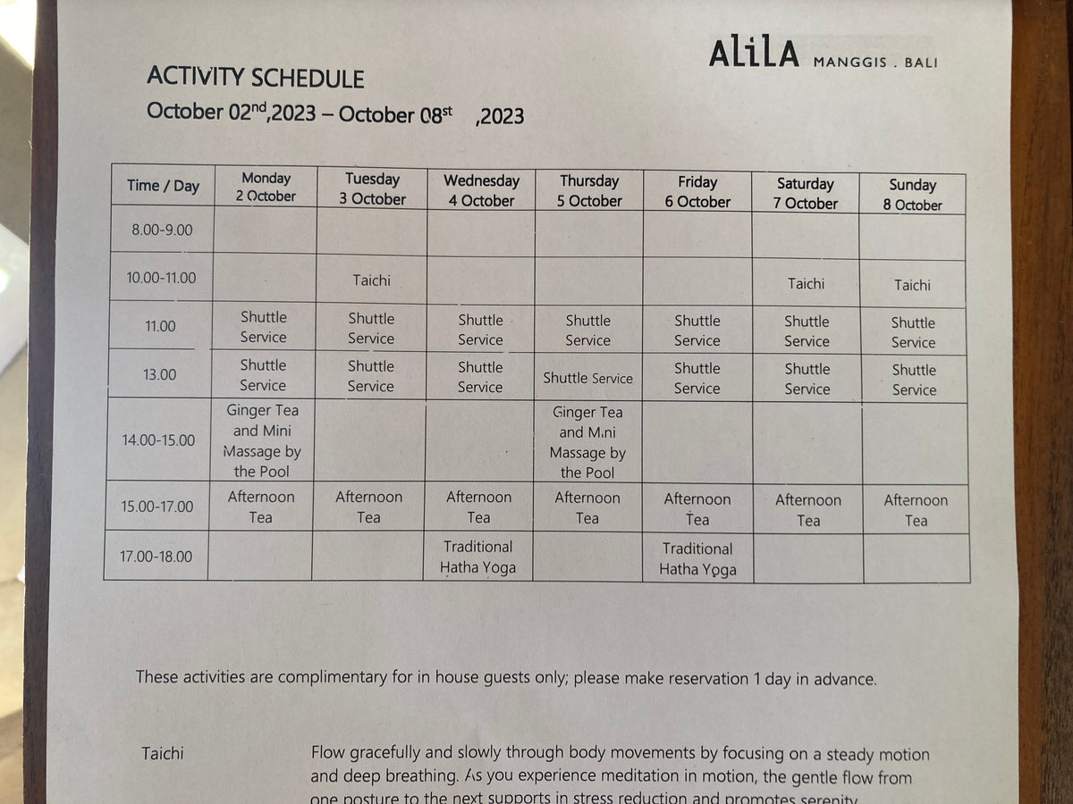 Alila Manggis Bali activity schedule