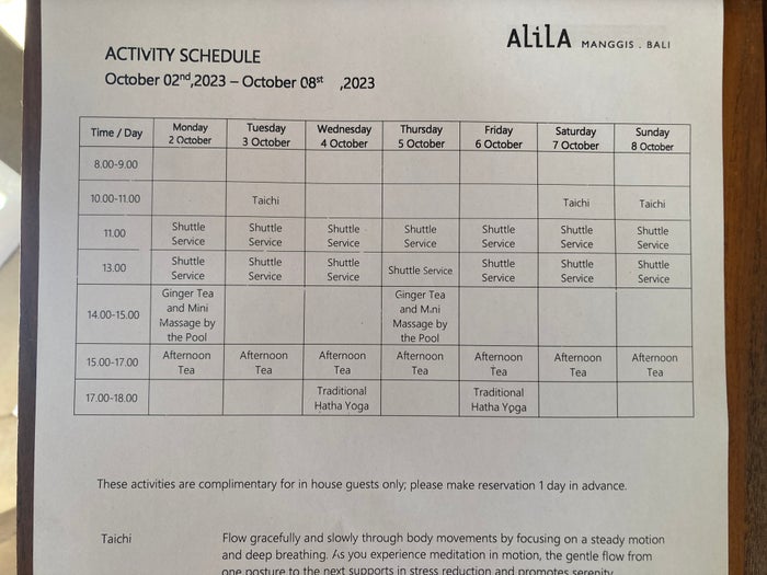 Alila Manggis Bali activity schedule Alila Manggis Bali activity schedule