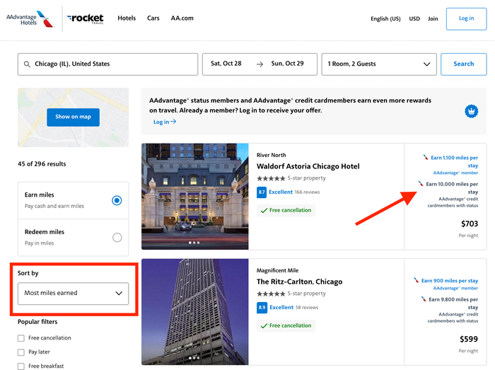 American Airlines Hotels sort by most miles earned