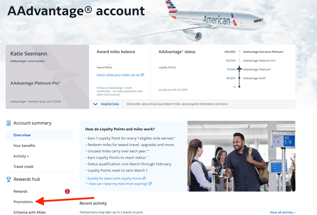 American Airlines promotions tab
