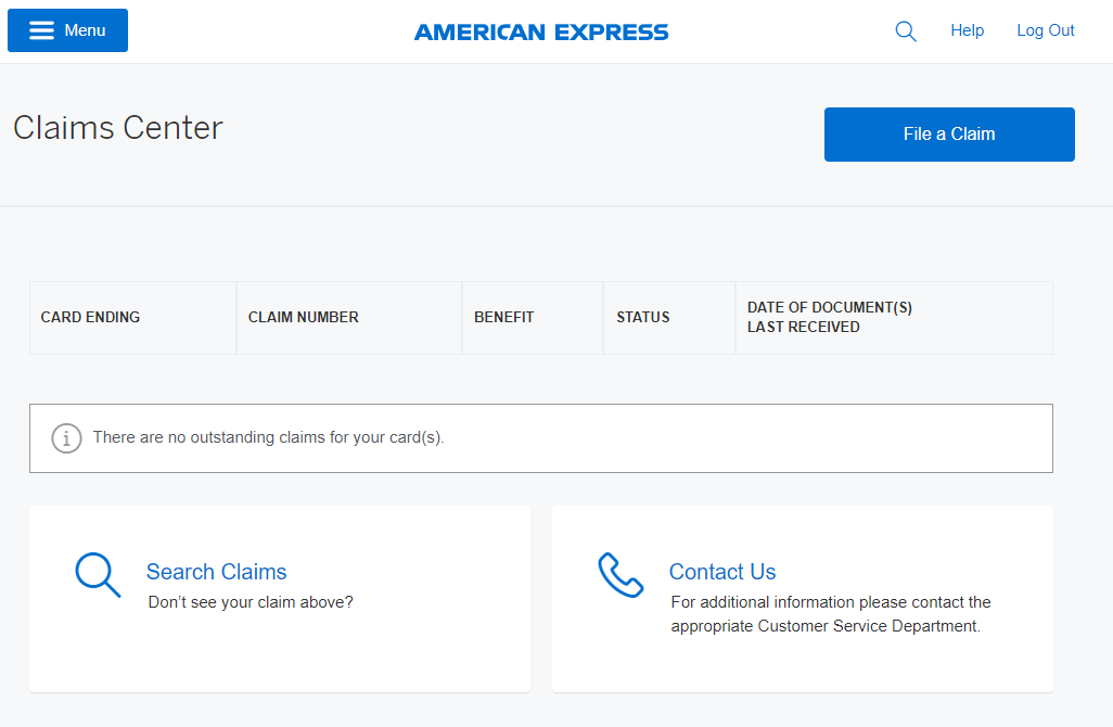 American Express Claims Center landing page