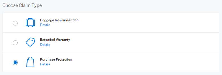 American Express Claims Center purchase protection selection