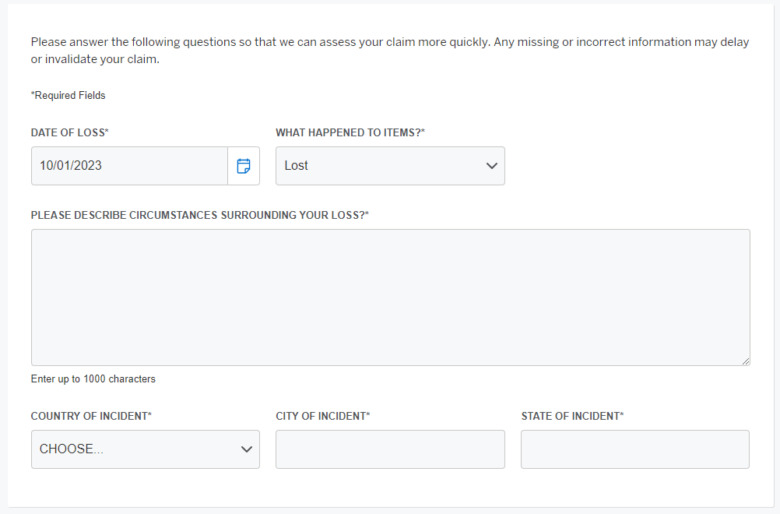 American Express purchase protection item information screen