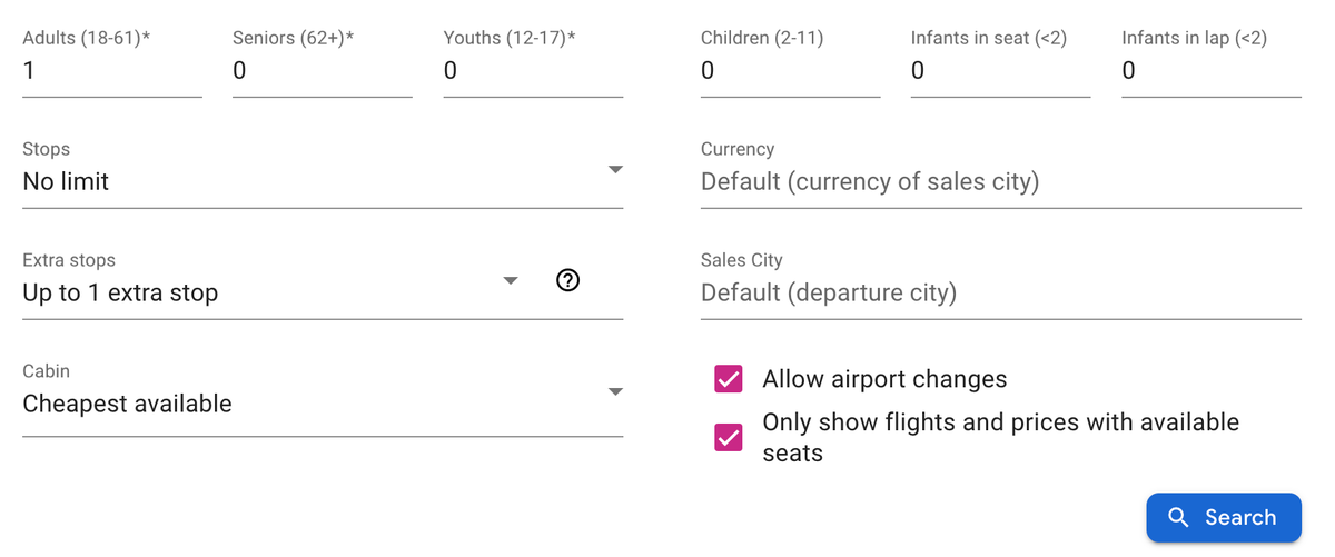 ITA Matrix stops and cabin options 2