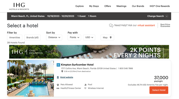 Kimpton Surfcomber IHG Points Rates
