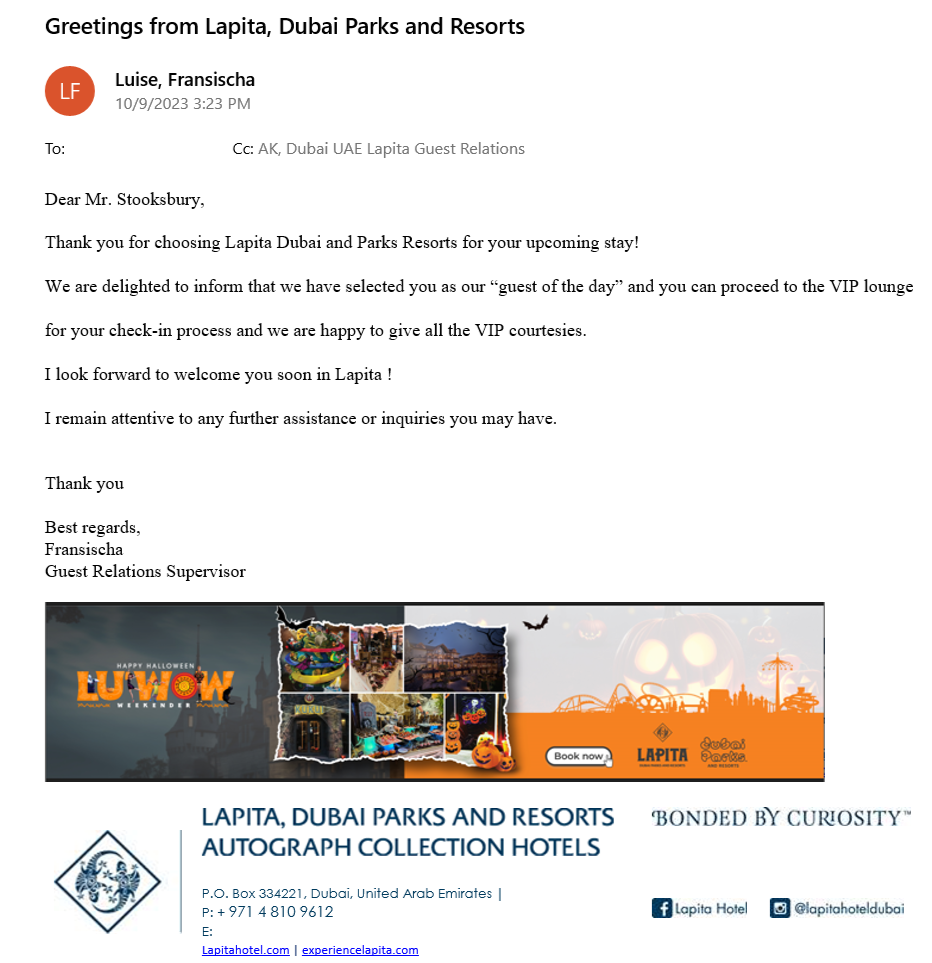 Lapita Dubai Parks and Resorts Autograph Collection VIP email