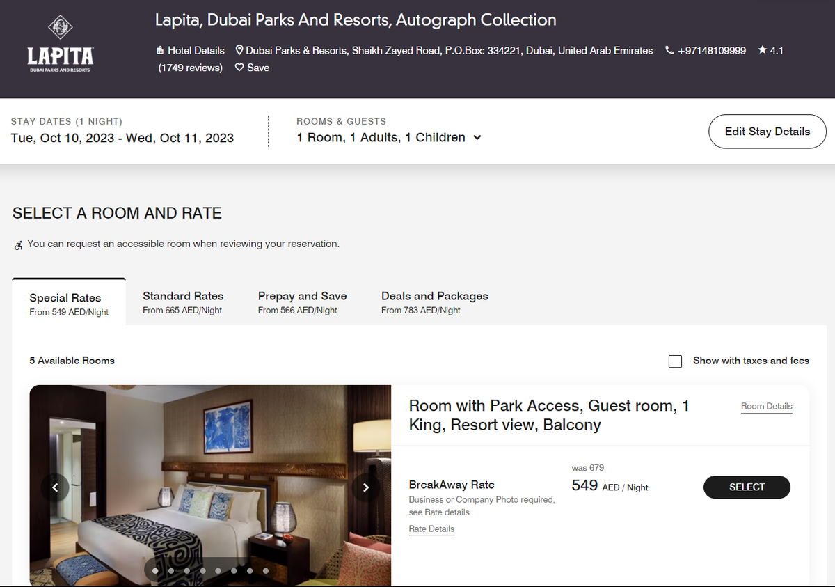 Lapita Dubai Parks and Resorts Autograph Collection room rate