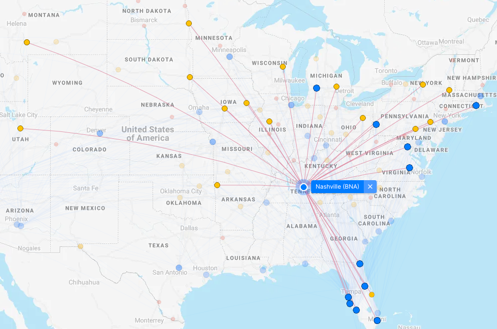 Map of Allegiant Air routes from Nashville