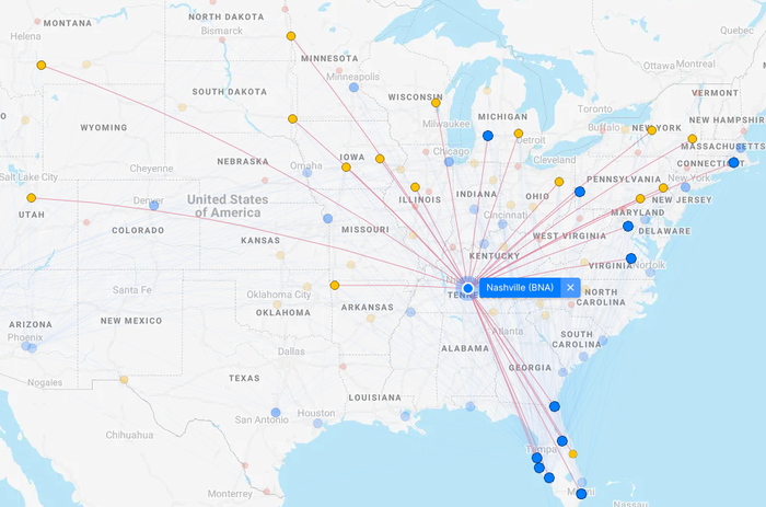 Map of Allegiant Air routes from Nashville Map of Allegiant Air routes from Nashville