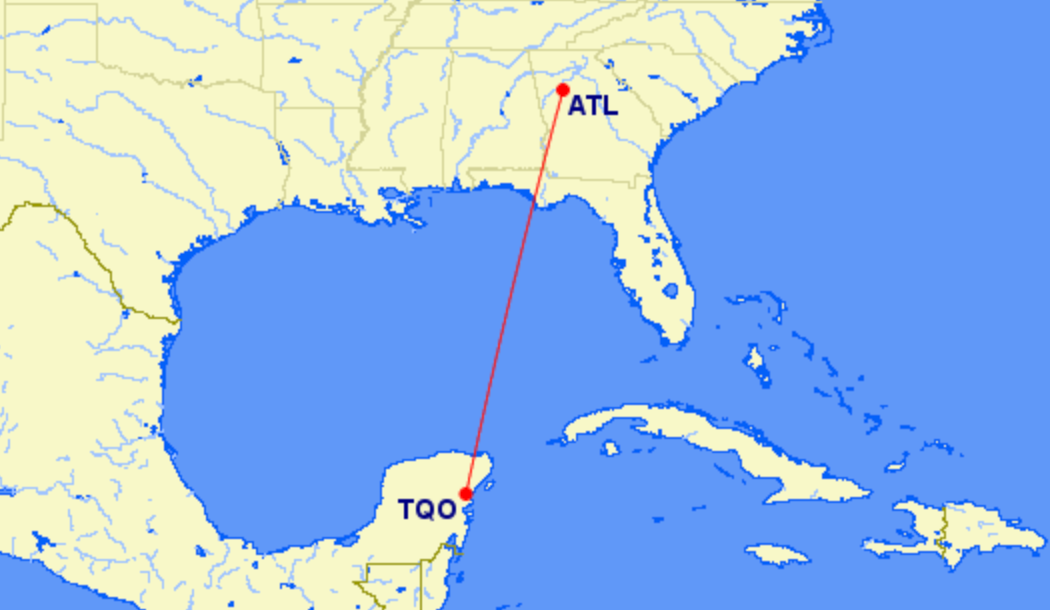 Map of new Delta route from Atlanta to Tulum