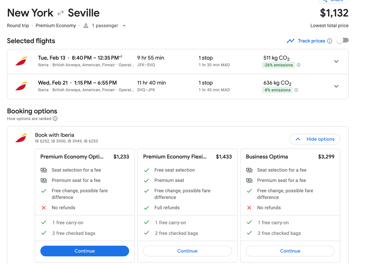 NYC Seville Iberia Premium Economy deal