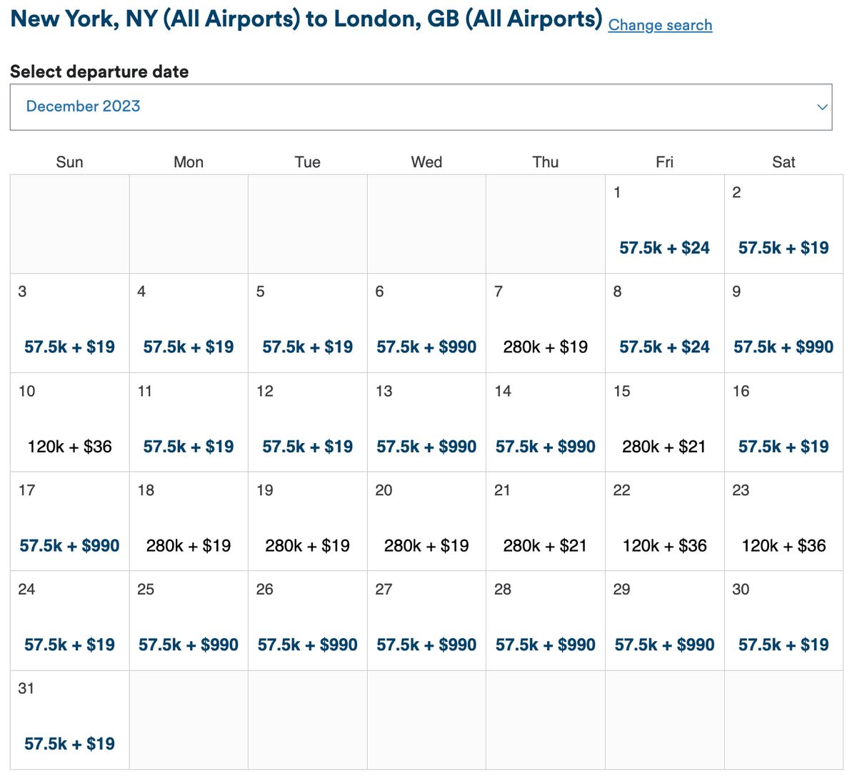 New York to London availability in December