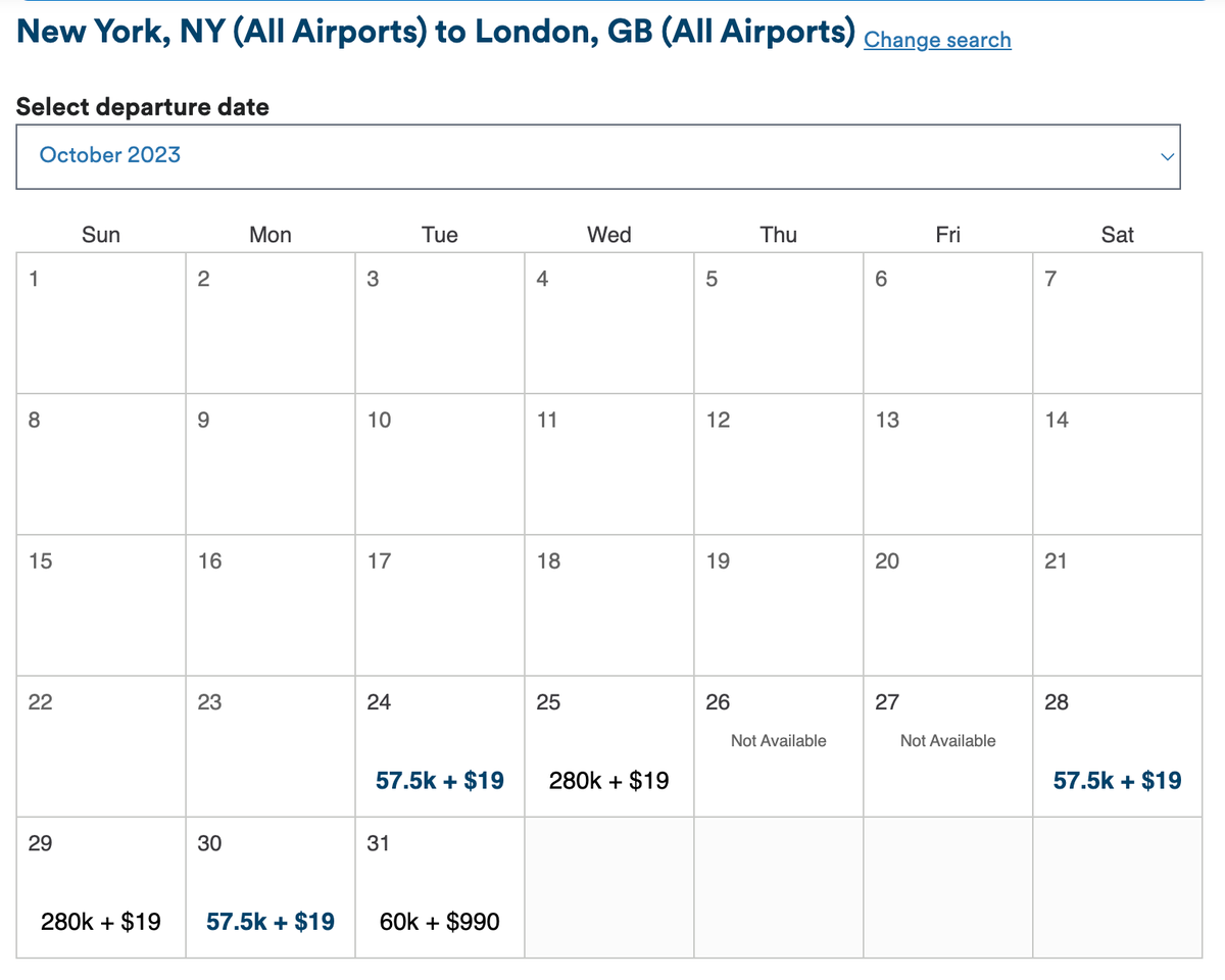 New York to London availability in October