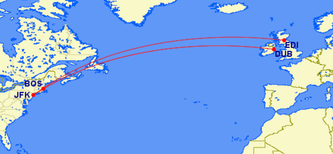 Route map of JetBlue serviecs to Dublin and Edinburgh
