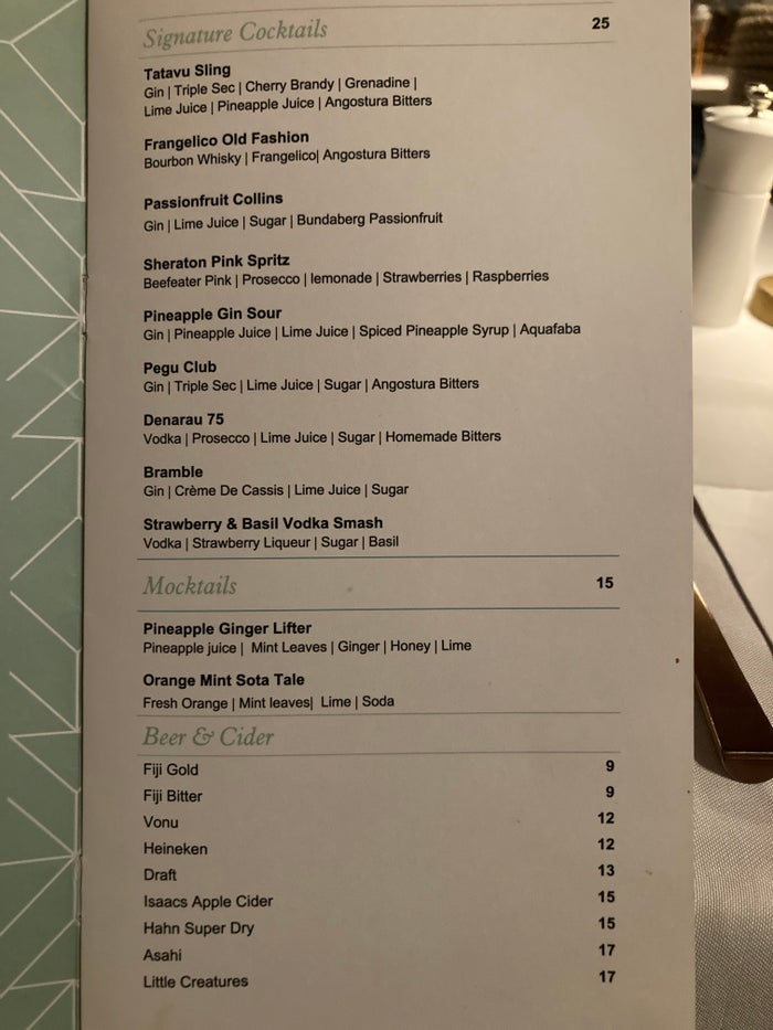 Sheraton Fiji Golf and Beach Resort Tatavu dinner drink menu Sheraton Fiji Golf and Beach Resort Tatavu dinner drink menu