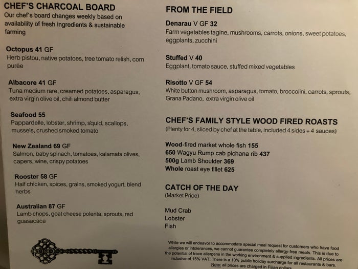 Sheraton Fiji Golf and Beach Resort Tatavu dinner menu salads and seafood Sheraton Fiji Golf and Beach Resort Tatavu dinner menu salads and seafood