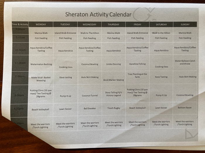 Sheraton Fiji Golf and Beach Resort activity calendar Sheraton Fiji Golf and Beach Resort activity calendar
