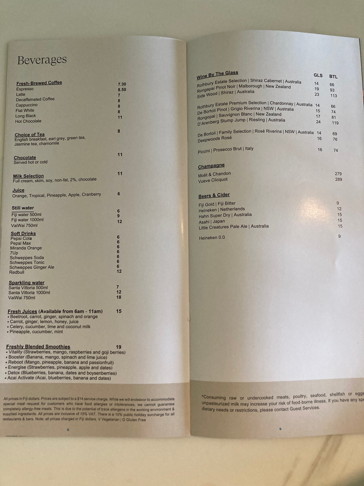 Sheraton Fiji Golf and Beach Resort in room dining drink menu