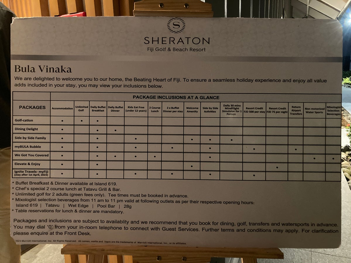 Sheraton Fiji Golf and Beach Resort meal inclusion package sign