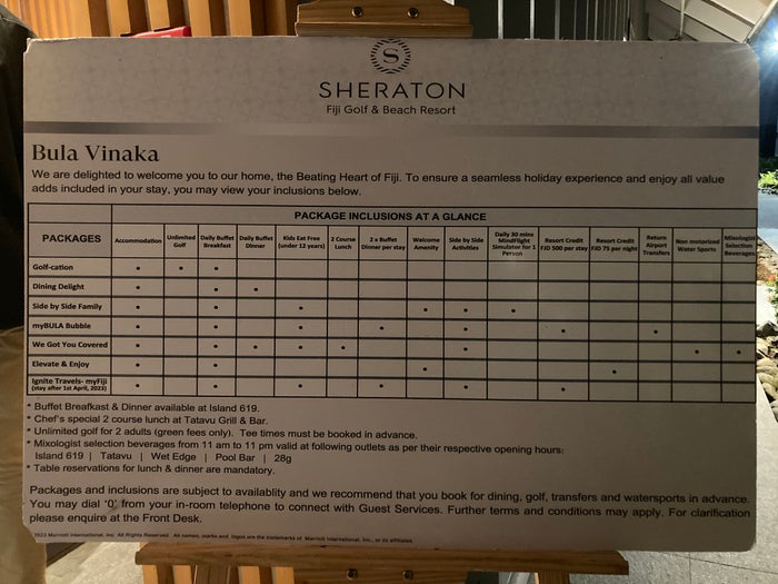 Sheraton Fiji Golf and Beach Resort meal inclusion package sign Sheraton Fiji Golf and Beach Resort meal inclusion package sign