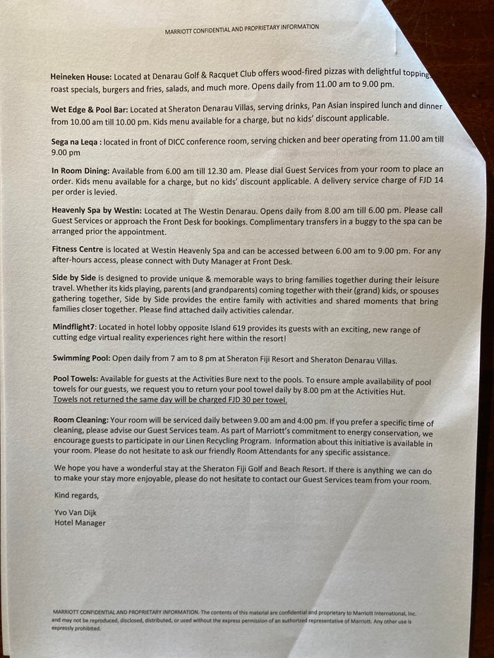 Sheraton Fiji Golf and Beach Resort welcome letter dining information Sheraton Fiji Golf and Beach Resort welcome letter dining information