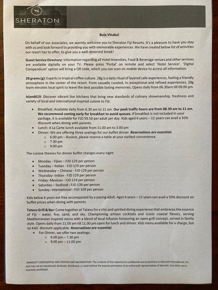 Sheraton Fiji Golf and Beach Resort welcome letter Sheraton Fiji Golf and Beach Resort welcome letter