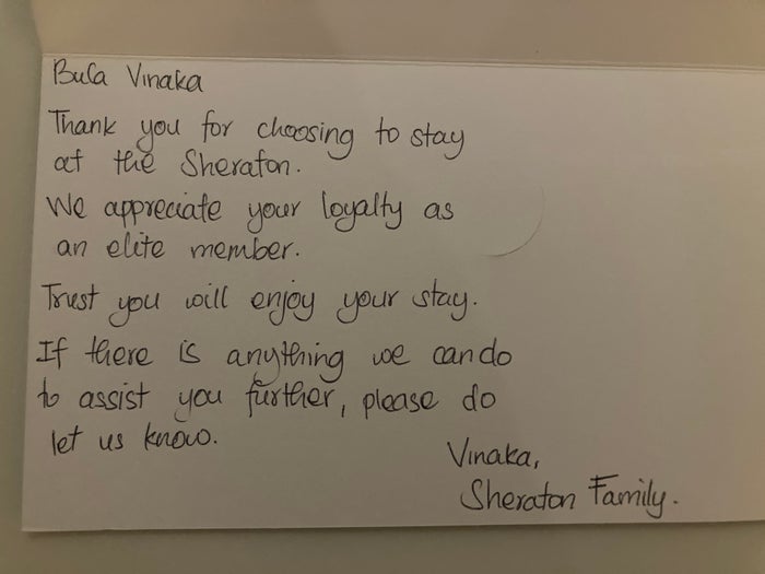 Sheraton Fiji Golf and Beach Resort welcome note in room Sheraton Fiji Golf and Beach Resort welcome note in room
