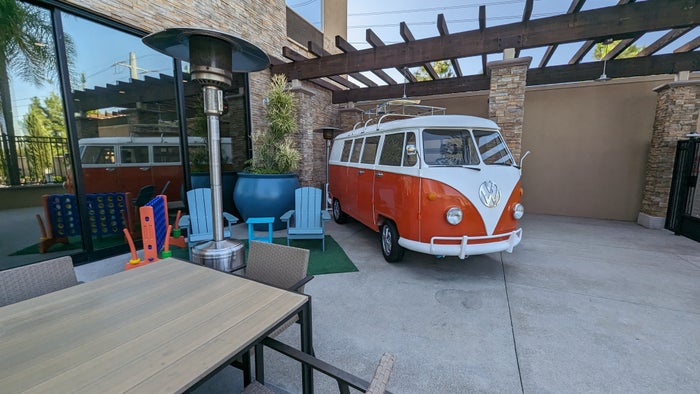 SunCoast Park Hotel Anaheim pool deck VW bus and seating SunCoast Park Hotel Anaheim pool deck VW bus and seating