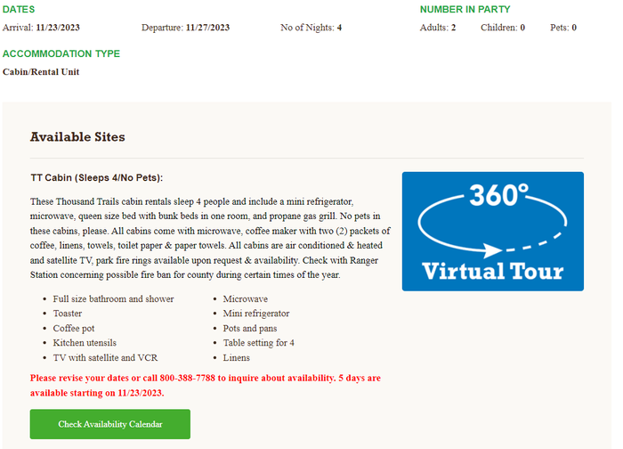Thousand Trails booking unavailable Thousand Trails booking unavailable