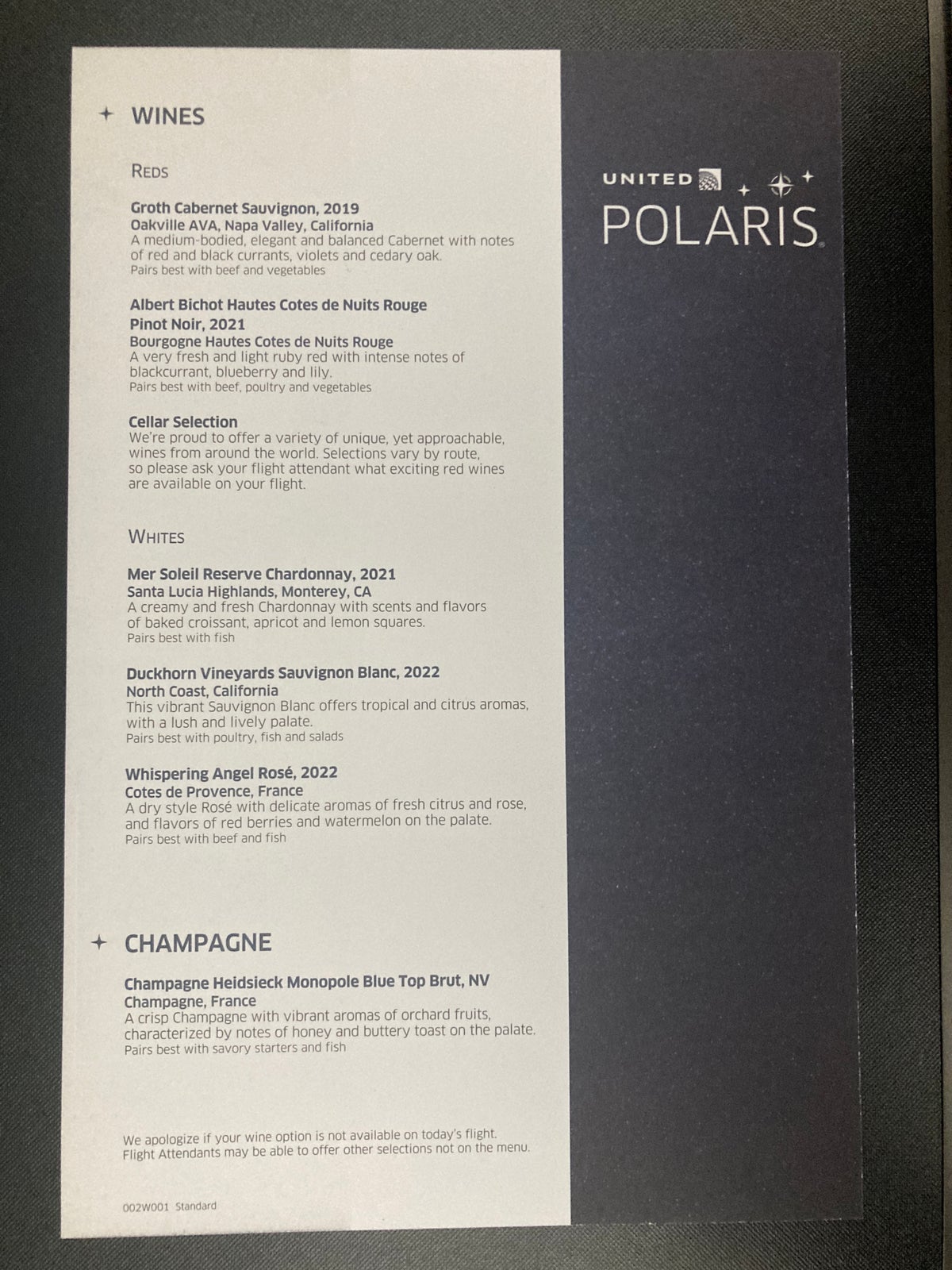 United Polaris business class 787 10 drink menu HND LAX