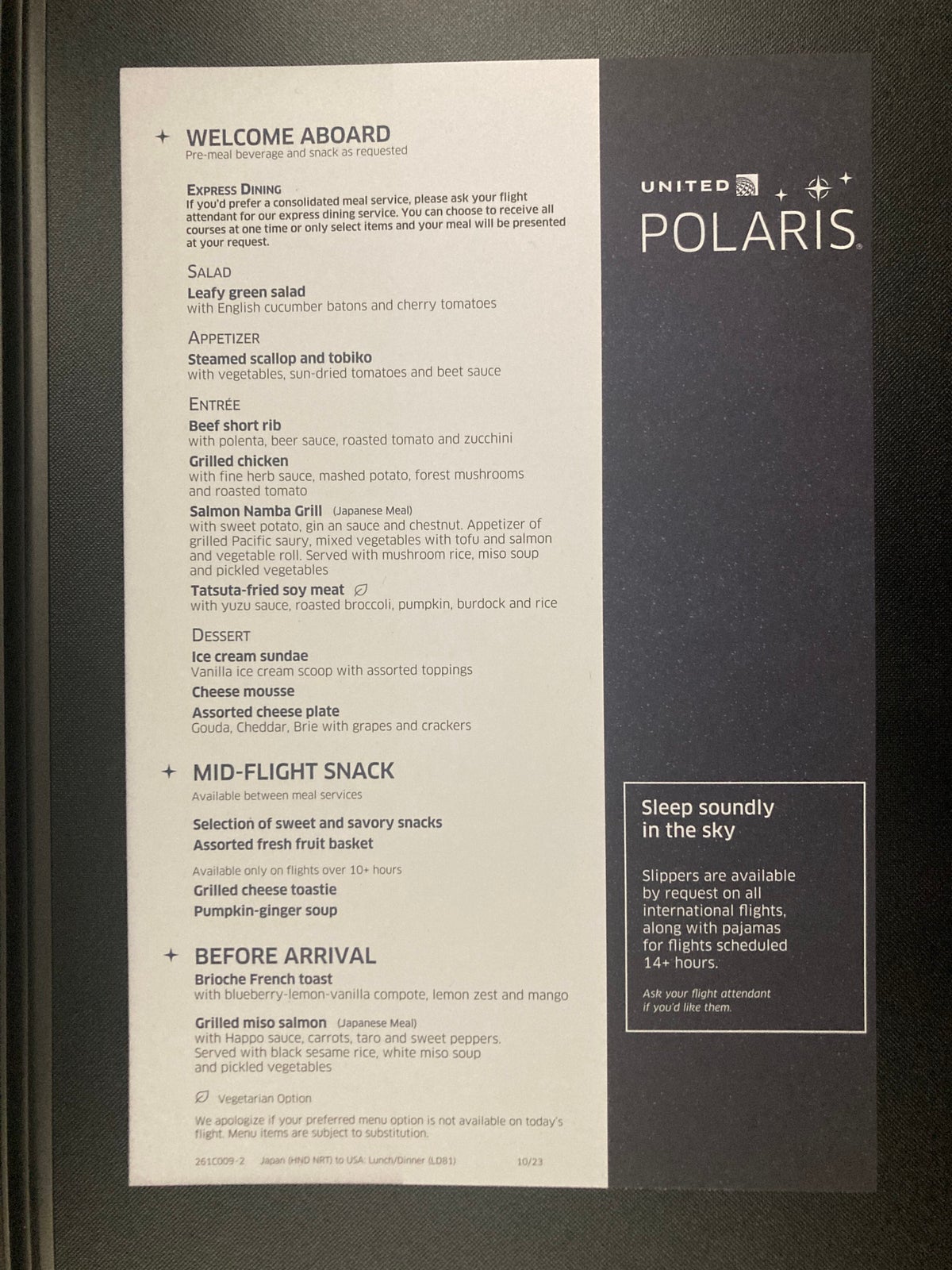 United Polaris business class 787 10 menu HND LAX