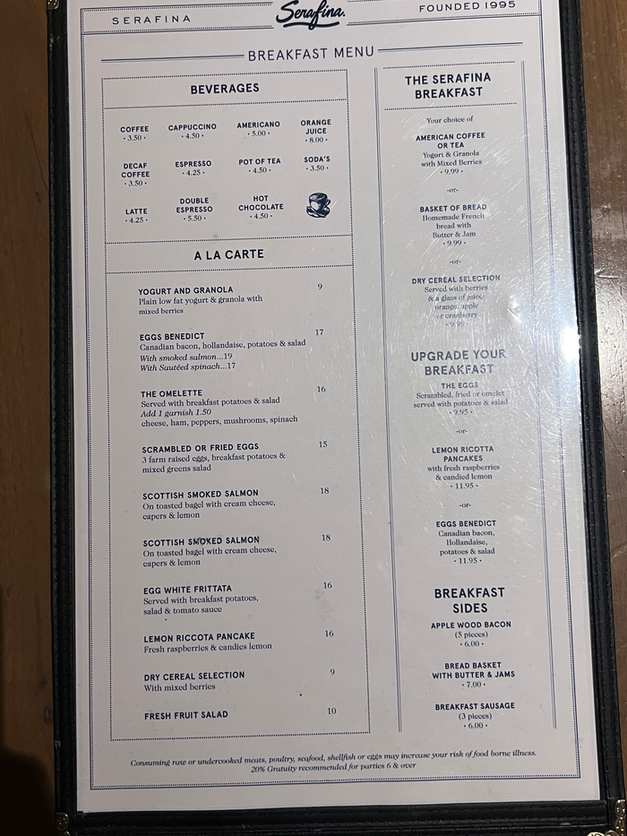 The Time New York Serafina breakfast menu The Time New York Serafina breakfast menu